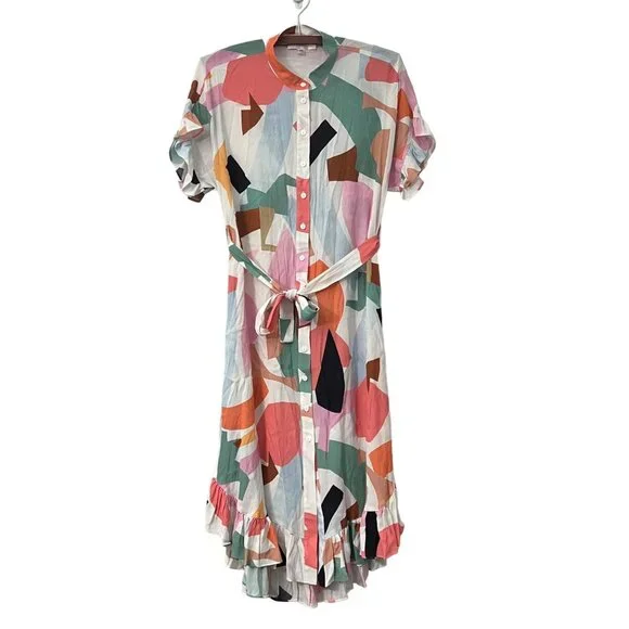 Anthro Corey Lynn Calter Soho Geometric Print Midi Ruffle Shirt Dress Size XS - Picture 3 of 9